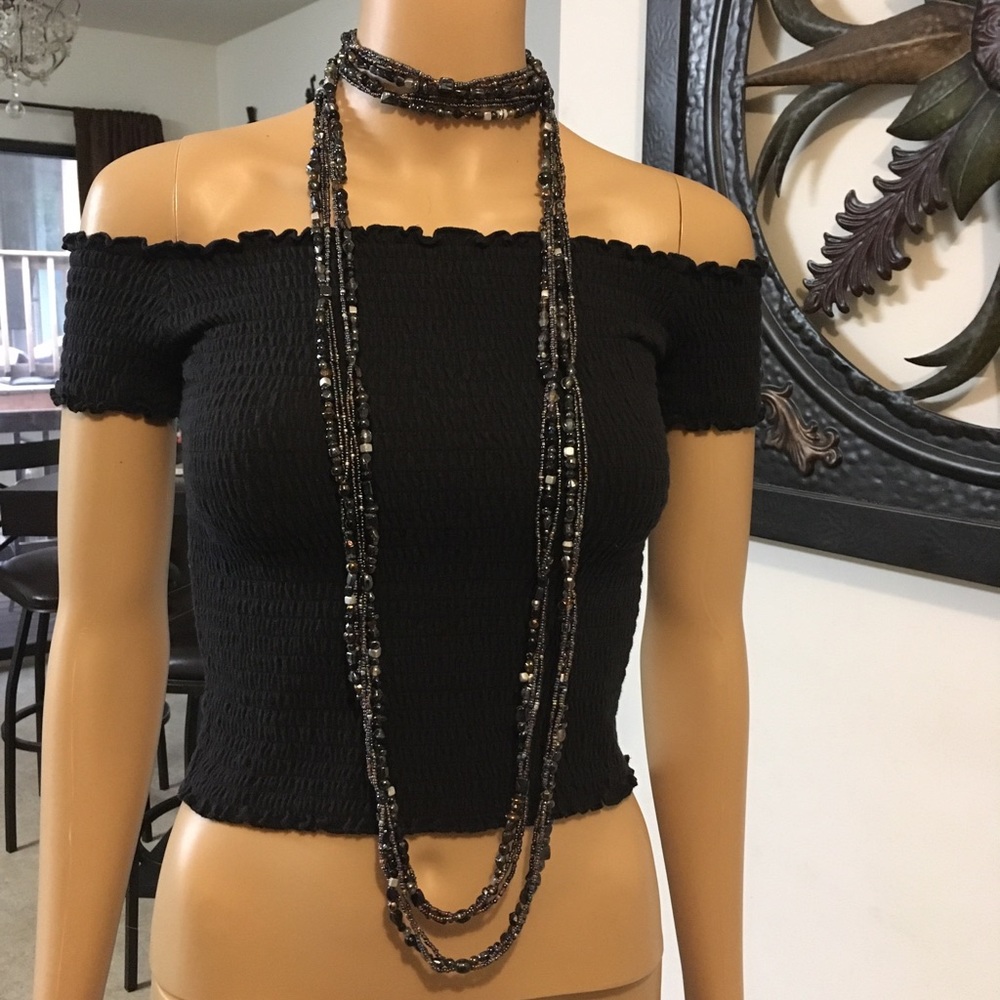 Hollister Off the Shoulder Crinkle Black Stretchy Sexy Top Small - Picture 8 of 9